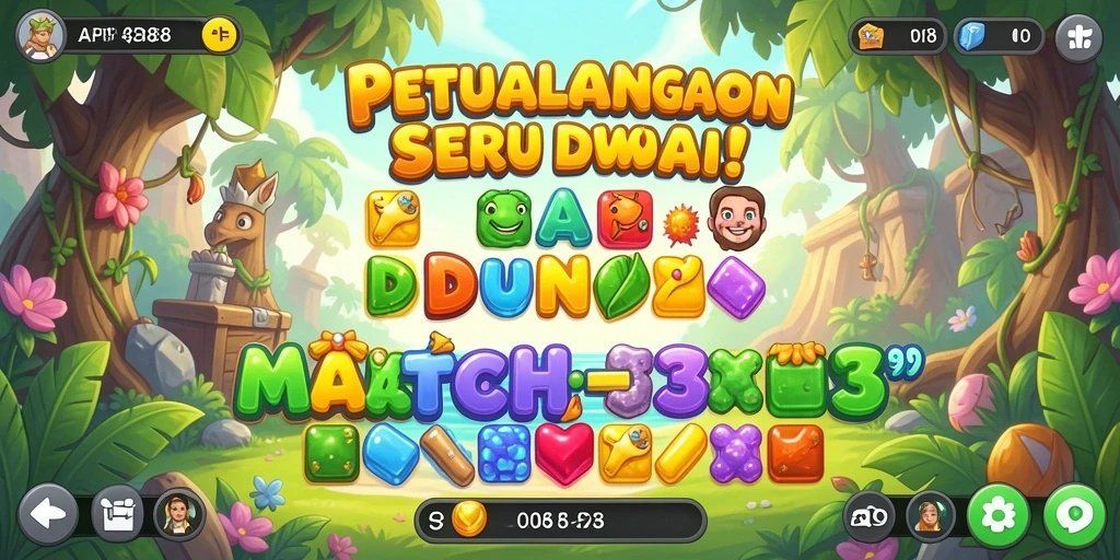 Screenshot gameplay menunjukkan level Match-3 yang menantang dan berwarna-warni.