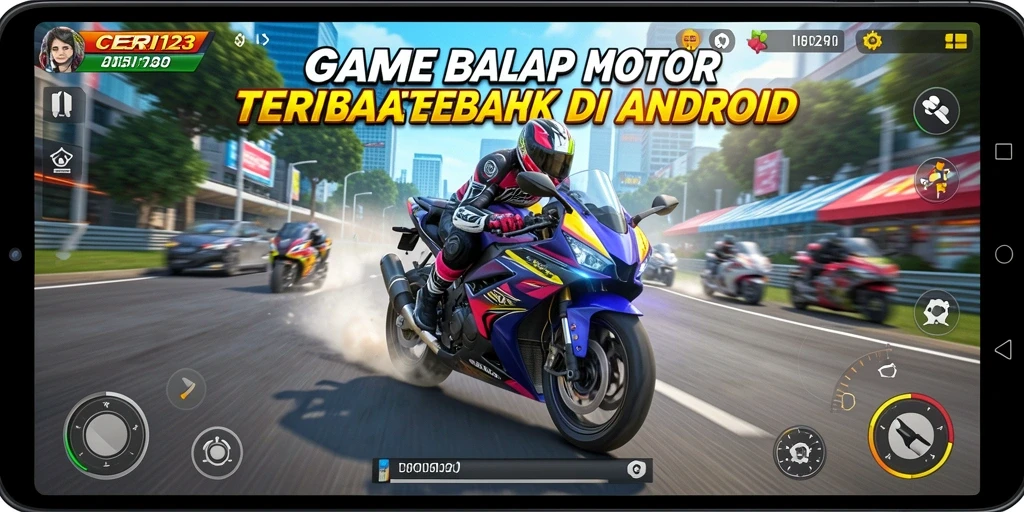 Screenshot gameplay CERI123 menampilkan aksi balap motor yang mendebarkan.