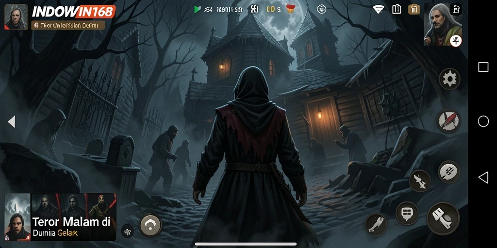 Screenshot gameplay INDOWIN168 dengan suasana horor yang mencekam.