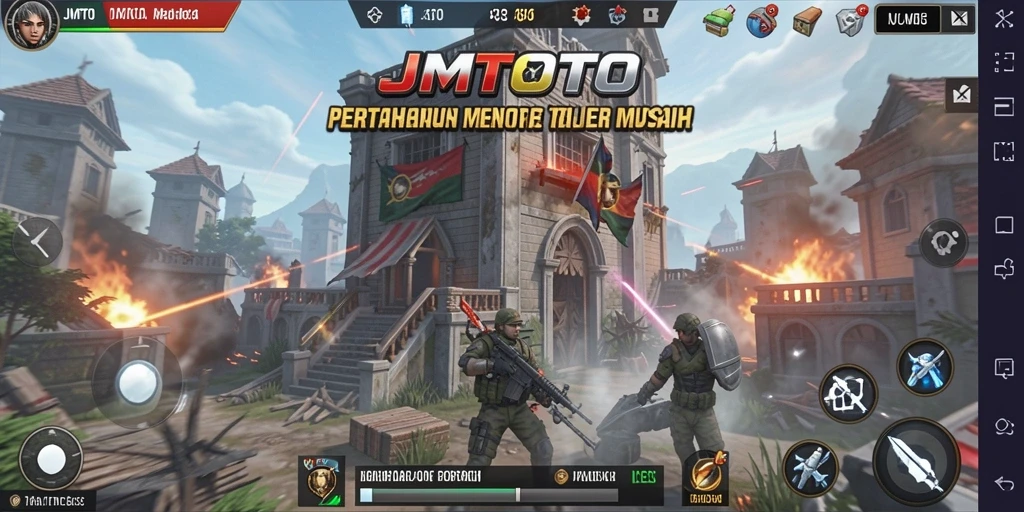 Screenshot utama JMTOTO menampilkan pertahanan menara yang strategis.