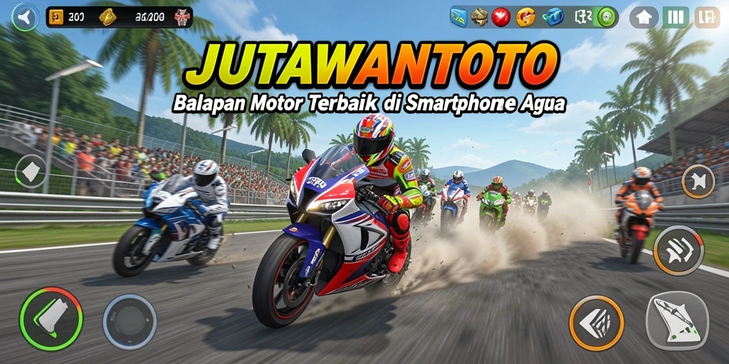 Gameplay JUTAWANTOTO menampilkan balapan motor yang mendebarkan di trek yang beragam.