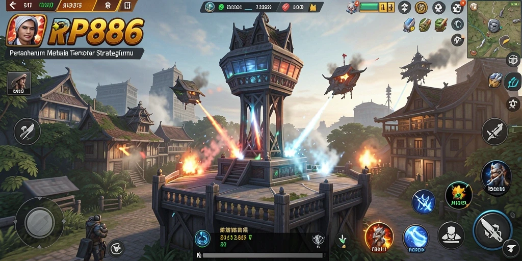Tampilan gameplay menara bertahan dalam RP886 yang menegangkan.