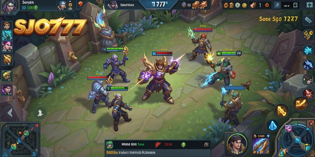 Screenshot gameplay SJO777 dengan aksi pertempuran MOBA intens.